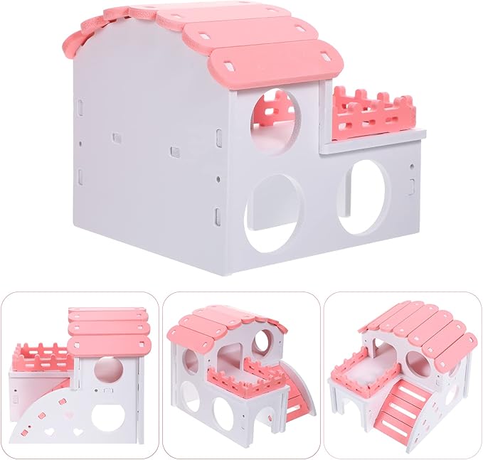 3 Pieces Fun Hamster Toys Guinea Pig Hideout Include PVC Hamster House, Rainbow Bridge, Seesaw Toy DIY Exercise Play Toys for Rats Mouse Small Animals(Small,Pink)