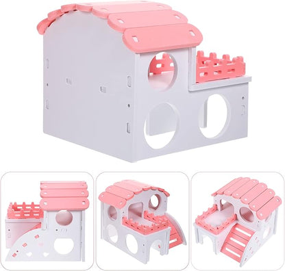 3 Pieces Fun Hamster Toys Guinea Pig Hideout Include PVC Hamster House, Rainbow Bridge, Seesaw Toy DIY Exercise Play Toys for Rats Mouse Small Animals(Small,Pink)