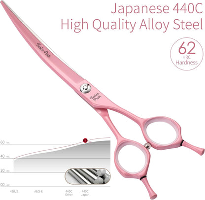 Fenice Peak Curved Dog Grooming Scissors with Pink Color Coating 440C Stainless Steel Pet Grooming Bending Shears Sharp and Durable Comfortable Engonomic Handle