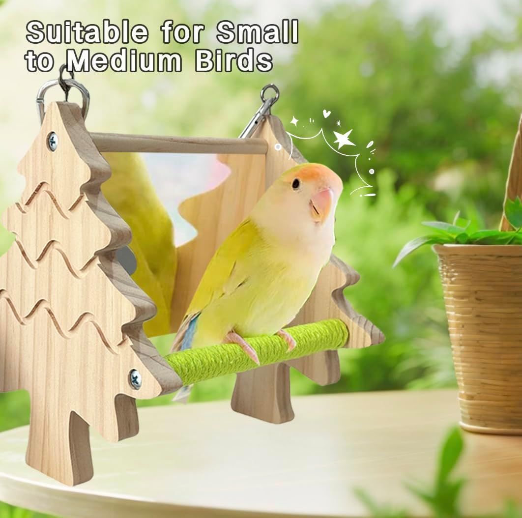 Bird Toys, Wooden Swing with Mirror and Perches for Cage, Bird Cage Accessories for Budgie, Lovebird, Green Cheek, Cockatiel, Conure, Quaker, Caique and Other Small to Medium Birds