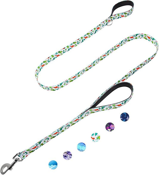 6 Foot Dog Leash for Medium Large Dogs, Double Handle Dog Leash with Padded Traffic Control Handles, Walking Training Lead, Dinosaur