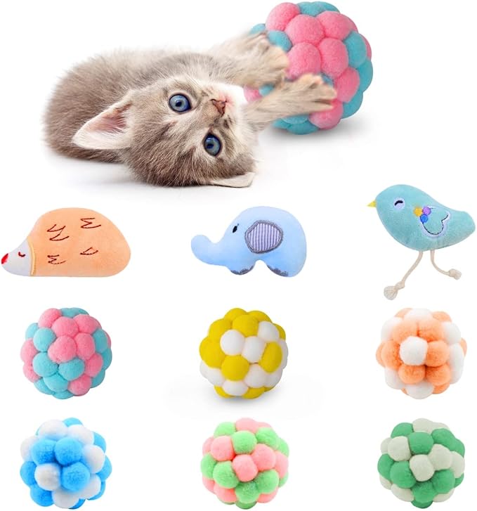 9PCS Cat Toys Set – Plush Balls & Catnip Toys for Indoor Cats and Kittens, Interactive Lightweight Play Balls with Bell, Soft & Durable Kitten Toys for Exercise and Fun