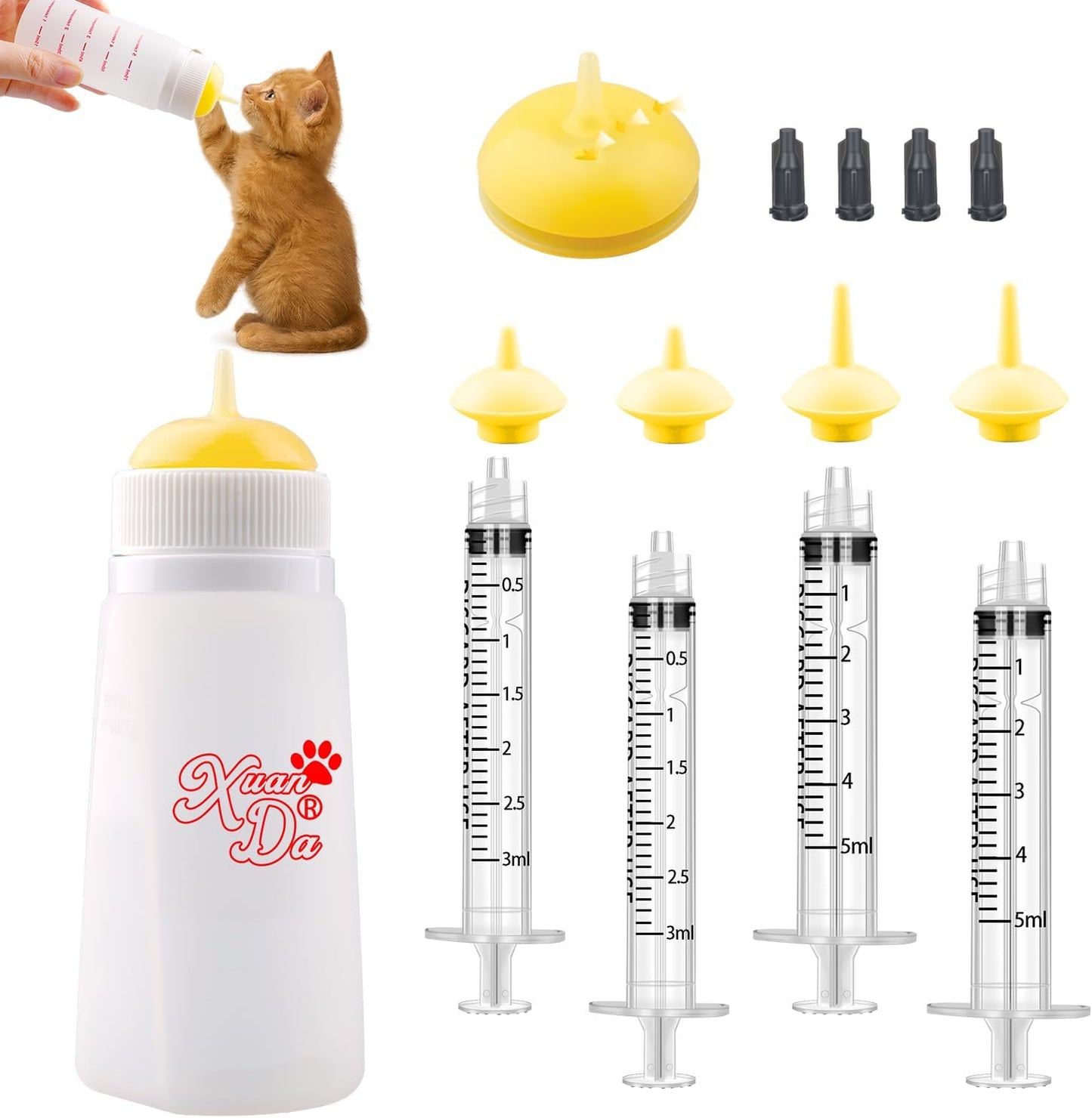 Kitten Bottle Feeding kit with Feeding Nipple and Syringe, Soft Silicone Nursing Pet Feeding Bottle, Ventilation Valve Resistant Tearing for Small Puppies, Kittens, Rabbit (S Nipple-Yellow)