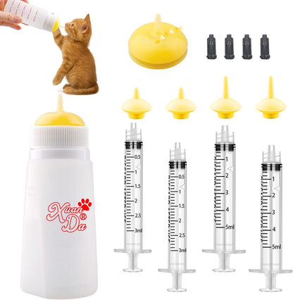 Kitten Bottle Feeding kit with Feeding Nipple and Syringe, Soft Silicone Nursing Pet Feeding Bottle, Ventilation Valve Resistant Tearing for Small Puppies, Kittens, Rabbit (S Nipple-Yellow)