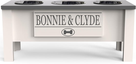 GrooveThis Woodshop - Personalized Elevated Triple Dog Bowl Stand for Large, Medium, Small, X-Small Dogs - 3 Stainless Steel Food and Water Bowls - Raised Dog Dish with Internal Storage (Large, Grey)