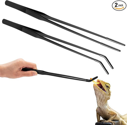 Lasnten 2 Pcs Extra Long Stainless Steel Reptile Feeding Tongs with Rubber Tip Bearded Dragon Aquarium Straight and Curved Long Tweezer Terrarium Feeder Tool for Tank(Black, 10 Inch, 10.5 Inch)