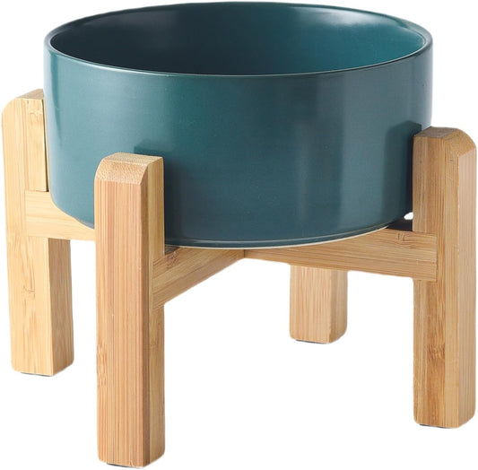6'' Ceramic Raised Dog Bowl - 30Oz Dog Food & Water Bowl with Elevated Non-Slip Bamboo Stand, Dishwasher & Microwave Safe, Anti Vomiting Heavy Duty Pet Bowl for Small and Medium Dogs, Green