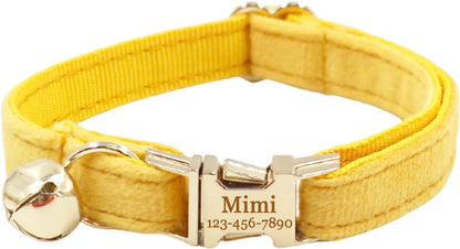 Personalized Cat Collar with Bells,Velvet Customized Small Cat Collar with Name Tag,Pet Collar with Name Phone Number Engraved ID Tags for Boy and Girl Kitten Cats (Turmeric)