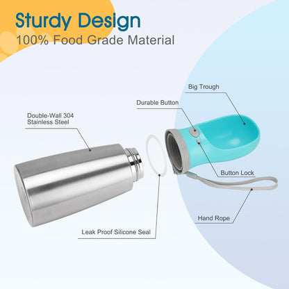 Portable Dog Water Bottle, 24 OZ, Stainless Steel Leak Proof Puppy Water Dispenser with Drinking Feeder for Pets Travel, Walking, Hiking and Outdoor Activities