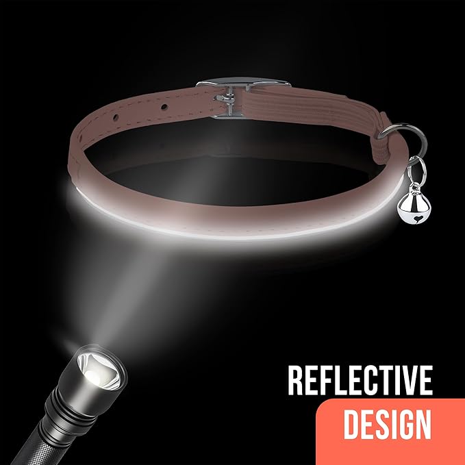 OOPSDOGGY Rolled Leather Cat Collar with Bell, Reflective Kitten Collars with Buckle Include Safety Elastic Strap - Adjustable Small Pet Collars for Boy Girl Cats (Blush)