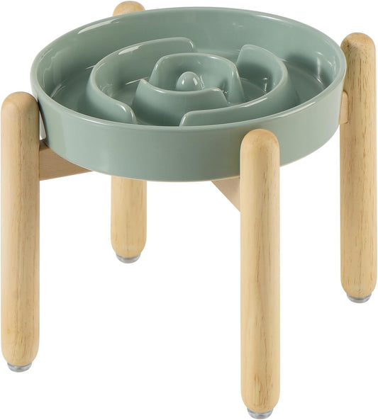 Ceramic 1.6 Cup Raised Slow Feeder Dog Bowl Set, Elevated Wooden Stand for Medium and Large Dog, 8.2inch Puzzle Slow Dish, Anti-Gulping(Light Green, Single Bowl+ Stand)