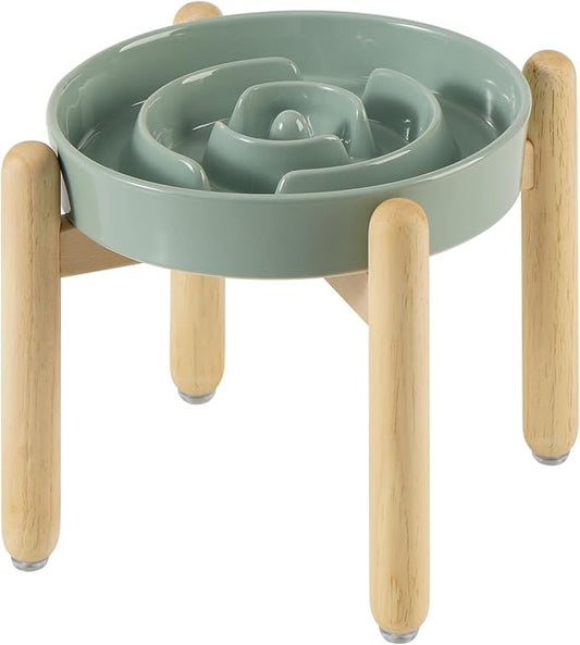 9.5inch Ceramic Raised Slow Feeder Dog Bowl Set, Elevated Bowl with Wooden Stand for Large Dog, Puzzle Slow Pet Food Dish, Preventing Choking(Light Green, Single Bowl+ Stand)