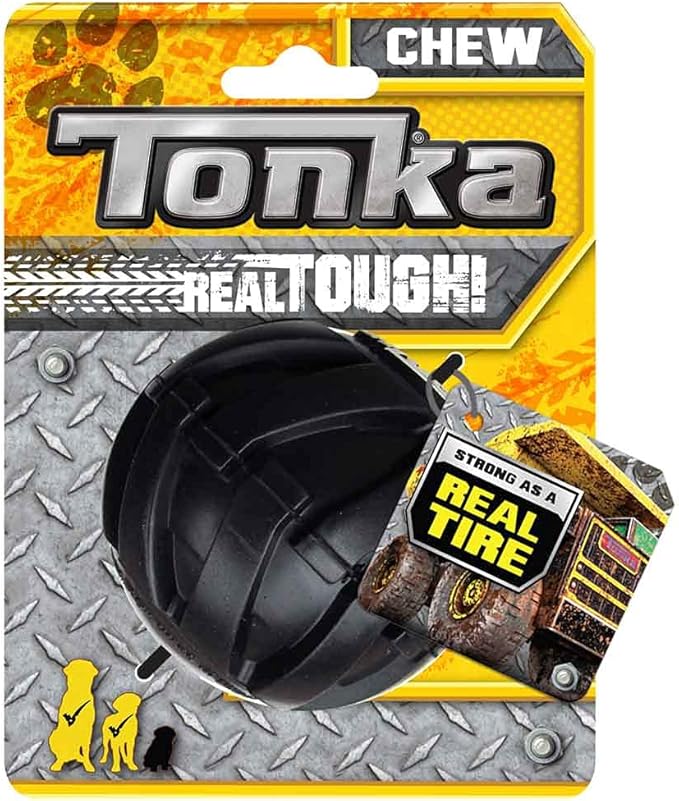 Tonka Three Dog Toy Gift Set - 3in Mega Ball, 7in Axle Tread with Insert Feeder, and 10.5in Rubber Flex Tread 3-Ring Tug - Yellow/Black