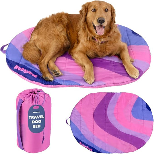 Travel Dog Bed Mat (42" x 30") – Foldable, Packable Outdoor Camping Dog Bed – Lightweight, Water Resistant & Cozy with Soft Padding – Compact, Portable & Machine Washable – Large & Small Breeds - Pink