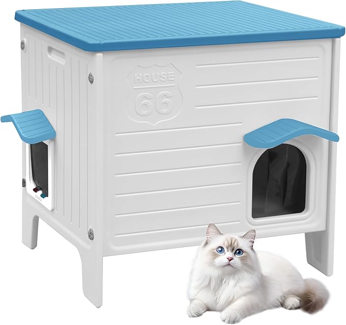 Outdoor Cat House Weatherpoof Large Plastic Cats Houses with Escape Door Indoor Waterproof Feral/Pet Cat Shelter Outside for Multiple Cats (Blue)