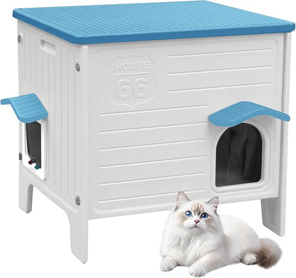 Cat House Outdoor Weatherpoof Plastic Cats Houses with Escape Door Indoor Waterproof Feral/Pet Cat Shelter Outside for Puppy, Rabbit(Blue)