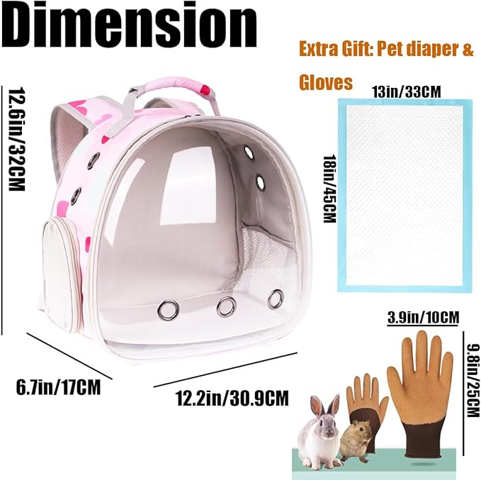 Portable Small Animal Backpack with Pink Flower Printing, Space Capsule Bubble Pet Carrier Cage Travel for Guinea Pig, Rabbit, Hamster, Bird, Bearded Dragon, Sugar Glider, Squirrel, Tortoise, Lizard