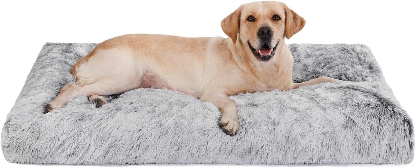 Bedfolks Waterproof Kennel Pad - Plush Dog Bed, XXL Crate Bed 47"x29", Washable Dark Grey Faux Fur Cover