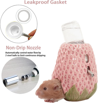 Hamster Water Bottle, Strawberry Ceramic Hamster Gerbil Water Bottle for Glass Tank, Dispenser, 80ML Bottle for Water Holder Stand with 2 No Drip Caps for Syrian Mice, Gerbil（Pink