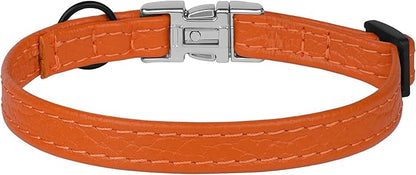 Leather Cat Collar with Buckle and Removable Bell - Non Breakaway Adjustable Soft Safety Small Pet Collars for Girl Boy Cats Kitten (Orange)