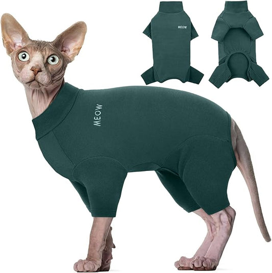 ROZKITCH Cat Coats for Cats Only, Breathable Soft Pet Jumpers for Hairless Cats Only, Coat with Four Legs, Warm Sweater T-Shirt Pajamas Jumpsuit Vest Cornish Rex Devon Rex Peterbald DarkGreen XS