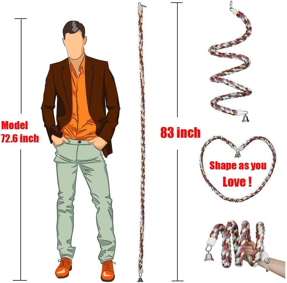 Rope Bungee Perch Bird, 83inch Kintor Pure Natural Colorful Bead Cage Chewing Toys for Small Medium Parrot (83inch)