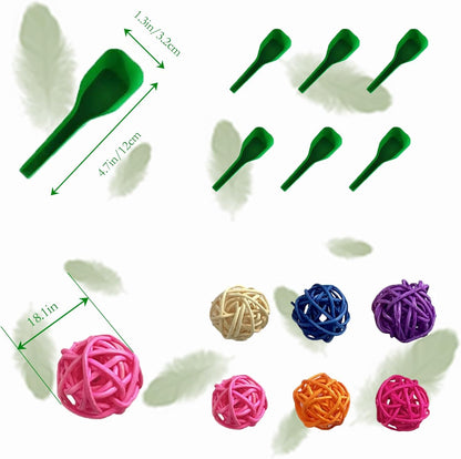 PINVNBY 6 Pieces Stainless Steel Bird Feeding Dish Cups,Parrot Feeder Parakeet Food Water Bowls with Clamp Holder & 6 Pcs Bird Spoon & 6 Pcs Birds Ball Toys for Budgies Macaw Small Animal(L)