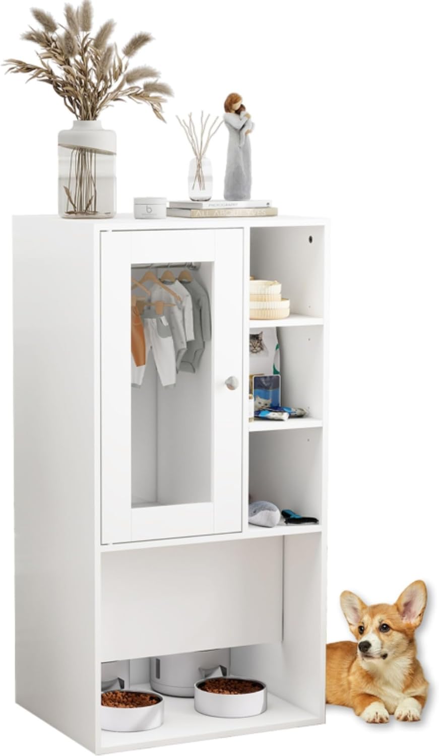 YU YUSING Dog Feeding Station for Automatic Feeder, Dog & Cat Food Storage Cabinet with Hanging Rods, Adjustable Panel, Hidden Automatic Pet Feeder Station for Food and Pet Supplies