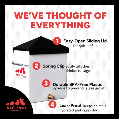 RentACoop 64oz(2L) Small Animal Drinker with Sliding Lid and No-Drip Brass Nozzle - Suitable for Small Pets, Bunnies, Hamsters, Guinea Pigs, Hedgehogs, Rabbits, Chinchillas, Mice and Rats