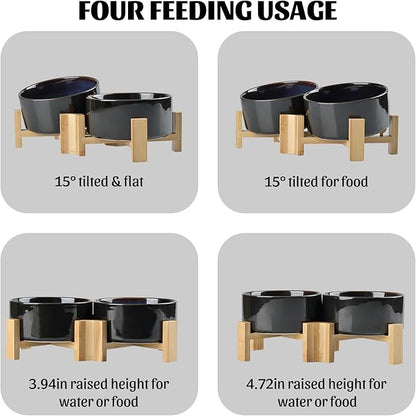 SPUNKYJUNKY 15° Slanted Ceramic Dog and Cat Bowl with Wooden Stand, Tilted Bulldog Food and Water Bowl No Slip Non-Spill for Cats Medium Dogs Big Face Pets 28.7 OZ (3.6 Cups, Starry Blue × 2)