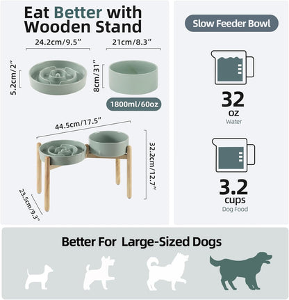 Ceramic Raised Slow Feeder Dog Bowl Set, Elevated 8.2inch Bowl and 9.5inch Puzzle Slow Food Dish with Wooden Stand for Large Dog, Anti-Gulping (2X Light Green+ Stand)