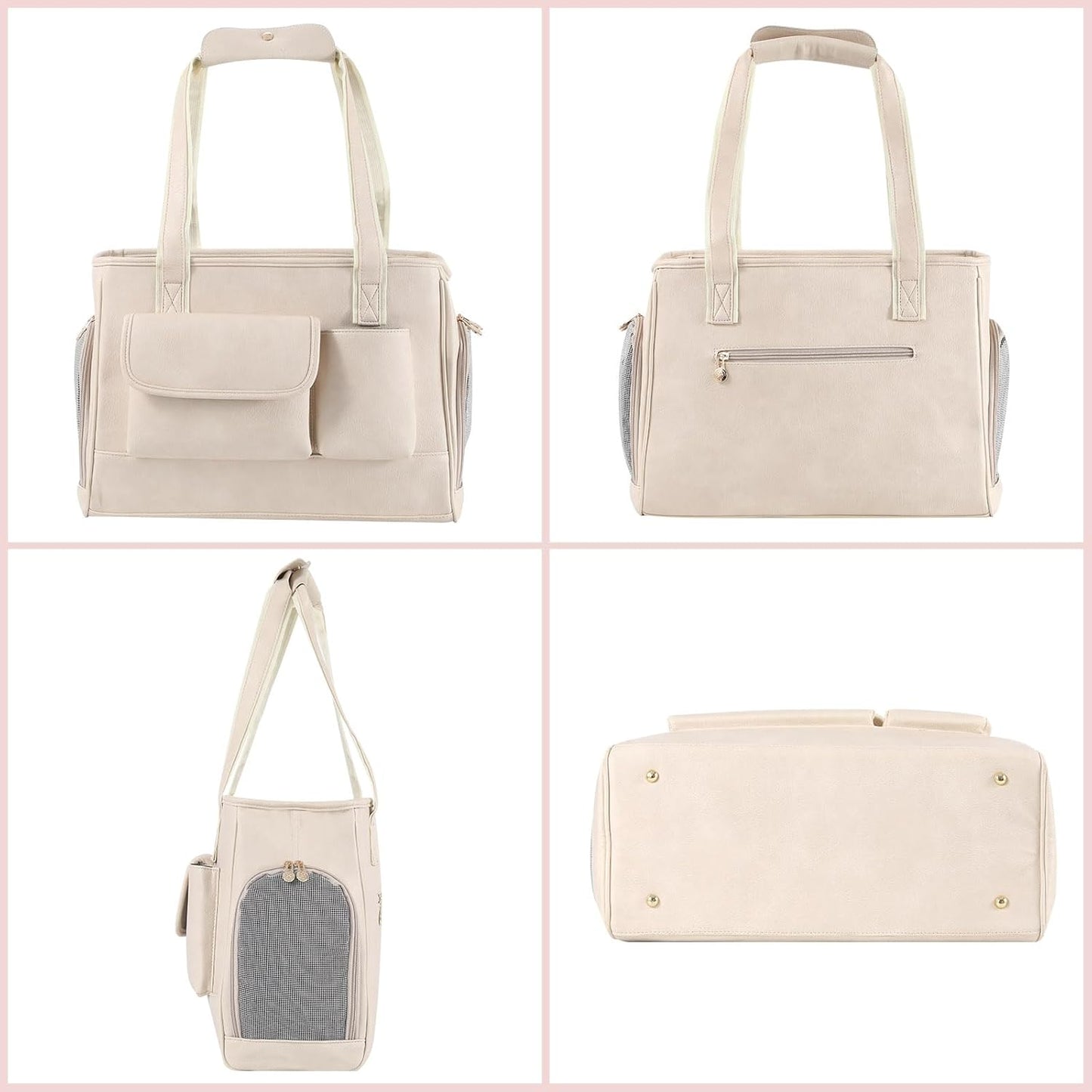 Dog Carrier Purse, Fashion Leather Pet Carrier Bag, Airline Approved Soft Sided Cat Travel Tote Bag with Pockets White