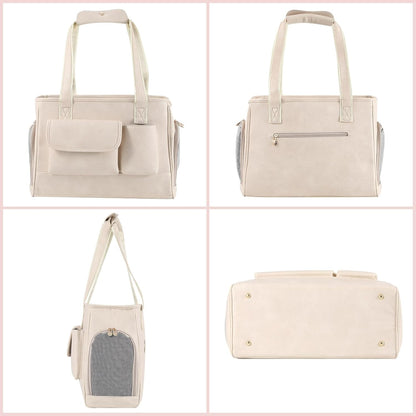 Dog Carrier Purse, Fashion Leather Pet Carrier Bag, Airline Approved Soft Sided Cat Travel Tote Bag with Pockets White