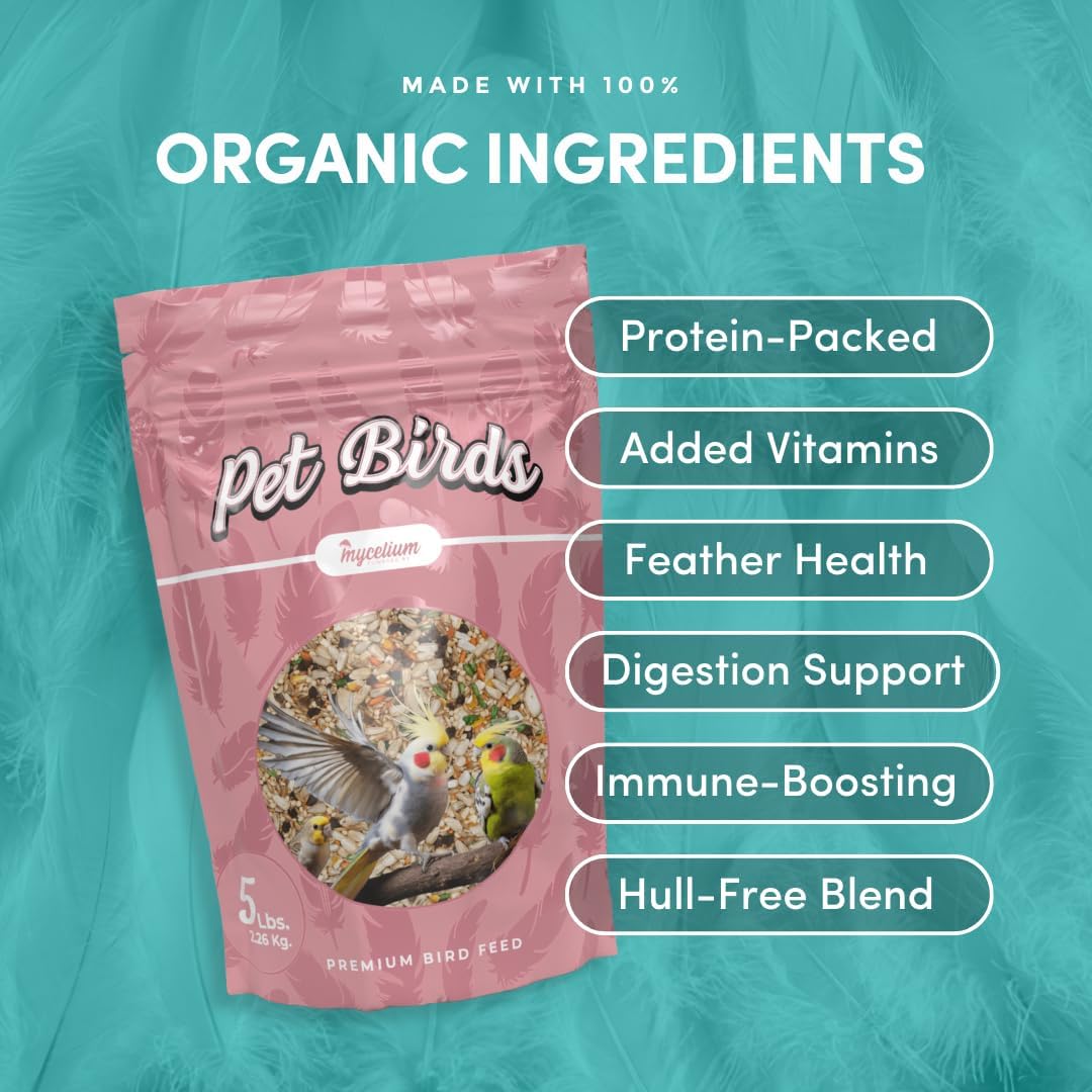 Mycelium Small Pet Bird Plus | Bird Seed for Cockatiels, Parrots, Lovebirds | Organic Mix with Vitamins, Egg, Oyster Shell, Pumpkin & Safflower | Supports Digestion & Feather Health | 5 lb Bag