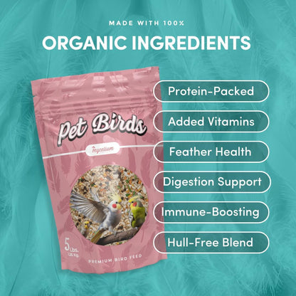 Mycelium Small Pet Bird Plus | Bird Seed for Cockatiels, Parrots, Lovebirds | Organic Mix with Vitamins, Egg, Oyster Shell, Pumpkin & Safflower | Supports Digestion & Feather Health | 5 lb Bag