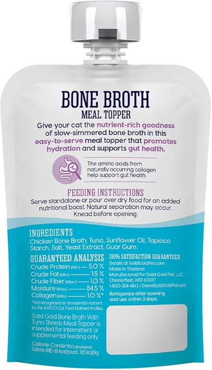 Solid Gold Bone Broth Cat Food Topper - Lickable Wet Cat Food with Protein Shreds for Hydration - Easy to Serve Wet Cat Food Gravy Bone Broth for Cats - Healthy Cat Snacks Treats - Tuna - Single