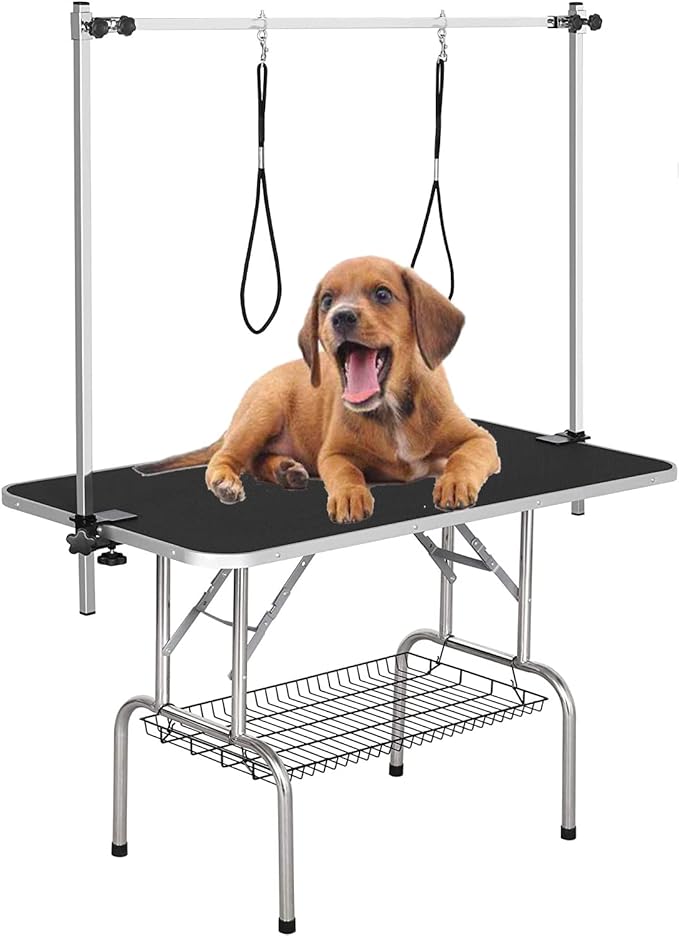 36" Dog Grooming Table Foldable Pet Grooming Tables with Adjustable Arm Noose Storage Mesh Tray Maximum Capacity Up to 330lbs Black