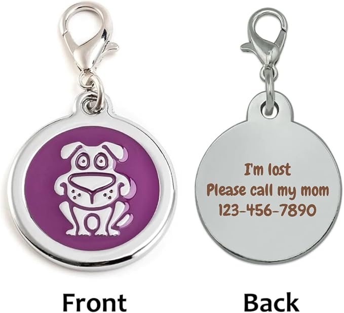 Personalized Funky Dog Design Pet ID Tags with Quick Tag Clip - Puppy Name tag, Happy Dogs ID tag, Laser Engraved pet Tags, Custom pet Name tag (Dog-Round-Small: Purple)