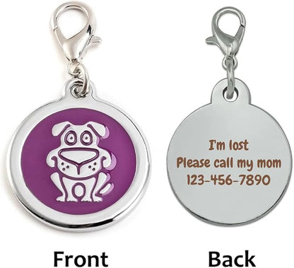 Personalized Funky Dog Design Pet ID Tags with Quick Tag Clip - Puppy Name tag, Happy Dogs ID tag, Laser Engraved pet Tags, Custom pet Name tag (Dog-Round-Small: Purple)