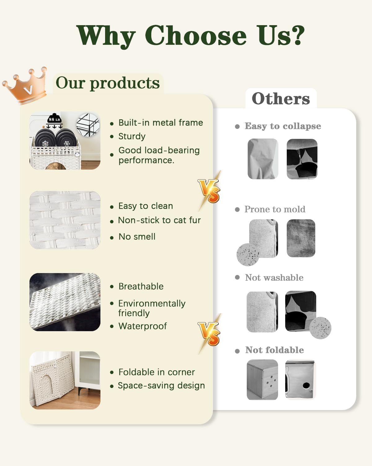 Cat Beds for Indoor Cats Extra Large Double Cat Cave Pet Cube, Handwoven Rattan Cat Houses with Double-Sided Soft Cushions, 18.5 x 20.5 x 19.1 Inches Foldable Hideaway in Living Room White