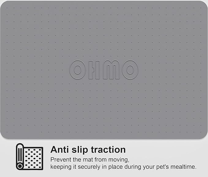 OHMO Dog Food Mat, Silicone Waterproof Cat Food Mat, Non-Skid Spill Proof Pet Feeding Mat for Food and Water, Easy to Clean Dog Placemat(Grey, 18.9" x 11.8")