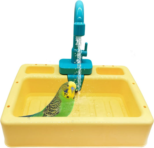 kathson Parrot Bathtub,Automatic Bird Shower Box,Multifunctional Parakeet Bathtub with Faucet,Bird Bathing Tub Pool Toy for Small Medium Birds Cockatiel Lovebird Budgie,Yellow