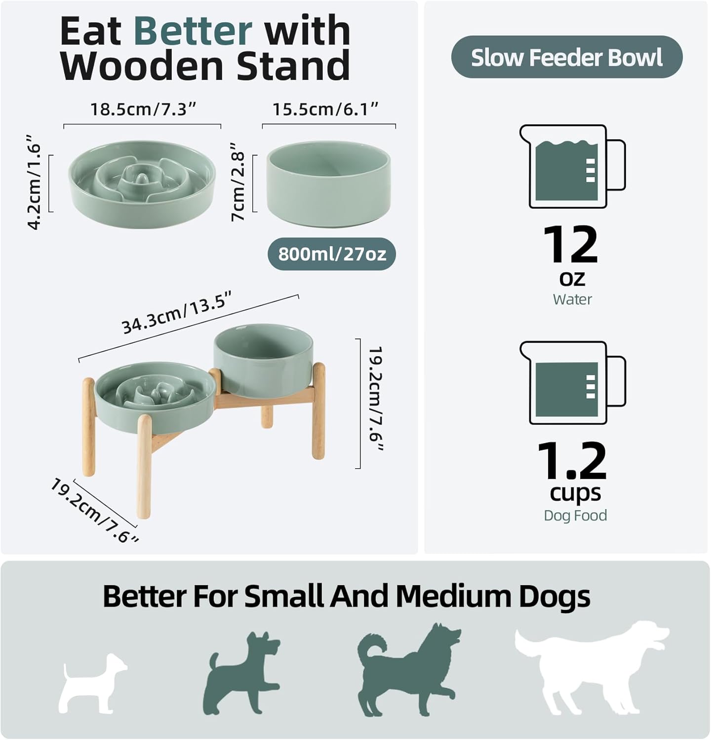 Ceramic 1.2 Cup Raised Slow Feeder Dog Bowl Set, Elevated 6.1inch Bowl and 7.3inch Puzzle Slow Food Dish with Wooden Stand for Medium and Small Dog, Anti-Gulping (2 x Light Green+ Stand)
