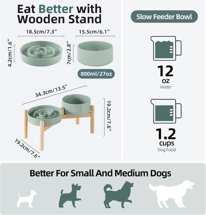 Ceramic 1.2 Cup Raised Slow Feeder Dog Bowl Set, Elevated 6.1inch Bowl and 7.3inch Puzzle Slow Food Dish with Wooden Stand for Medium and Small Dog, Anti-Gulping (2 x Light Green+ Stand)