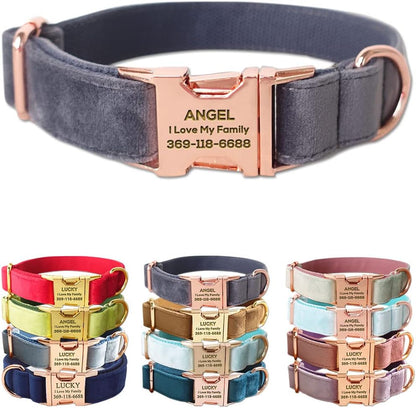 PETDURO Custom Dog Collar Personalized with Name Engraved Quick Release Rose Gold Metal Buckle for Large Medium Small Girl Dogs - Dog Leash and Bow Tie Available - Soft Comfy Velvet (Grey, XL)