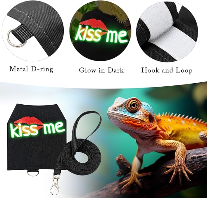Bearded Dragon Harness and Leash with Glow in The Dark Letter, Luminous Lizard Reptiles Harness with 4.75 ft Leash for Amphibians Chameleons Outdoor Walking (Black)