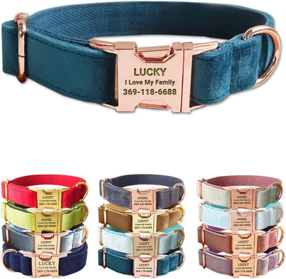 PETDURO Personalized Dog Collar Teal Soft Velvet for Large Medium Small Boy Girl Dogs - Custom Collar with Name Phone Number Engraved on Rose Gold Metal Buckle - Add Leash Bow Set via Customize Now