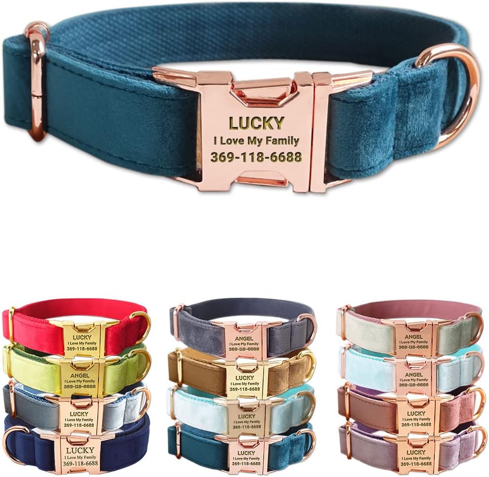 PETDURO Personalized Dog Collar Teal Soft Velvet for Large Medium Small Boy Girl Dogs - Custom Collar with Name Phone Number Engraved on Rose Gold Metal Buckle - Add Leash Bow Set via Customize Now