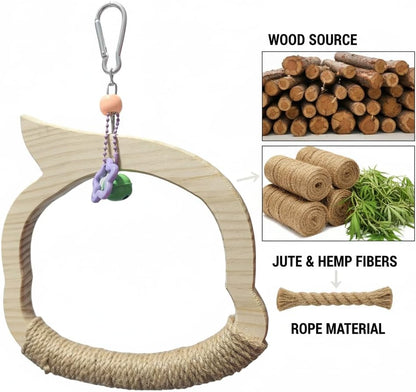 Wooden Bird Swing Perch Toy for Small and Medium Parrots, Natural Wood Ring with Bell and Rope Wrap, Hanging Cage Toy for Cockatiels, Budgies, Lovebirds, Conures