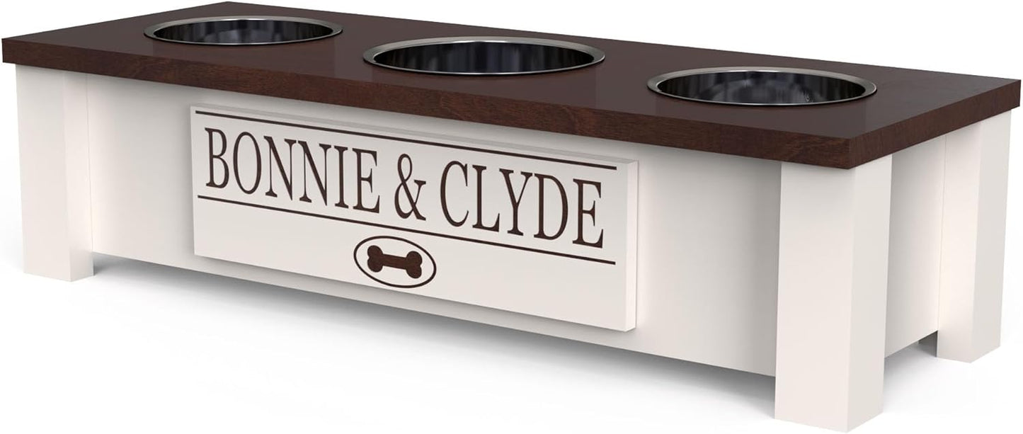 GrooveThis Woodshop - Personalized Elevated Triple Dog Bowl Stand for Large, Medium, Small, X-Small Dogs - 3 Stainless Steel Food and Water Bowls - Raised Dog Dish with Internal Storage (Small, Brown)
